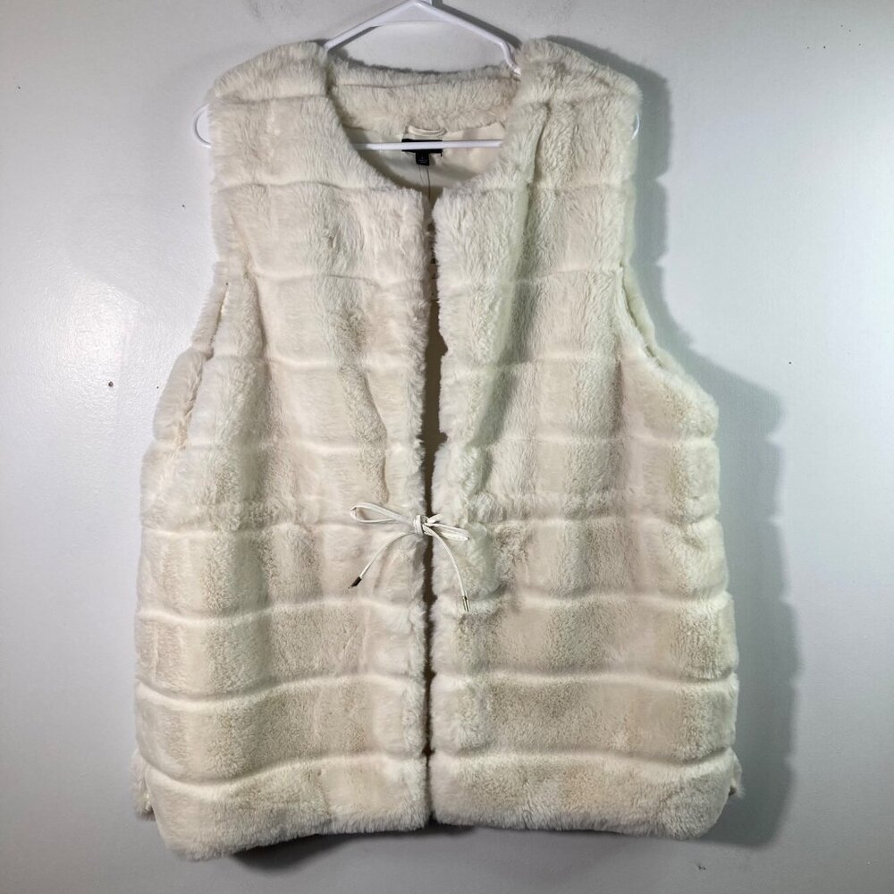 Womens Talbots Faux Fur Vest Lined White L Tie Closure Pockets Polyester NWT